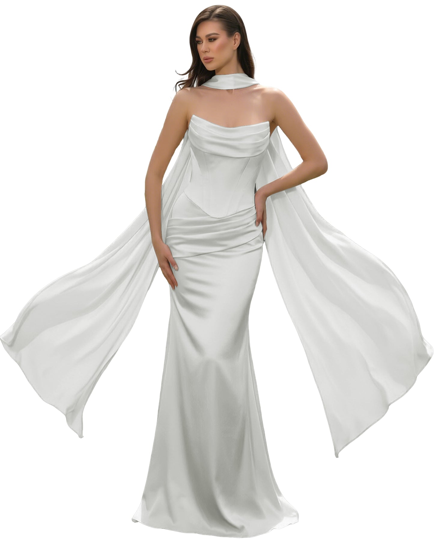 Satin Corset Mermaid Bridesmaid Dress with Cowl Neck and Dramatic Scarf