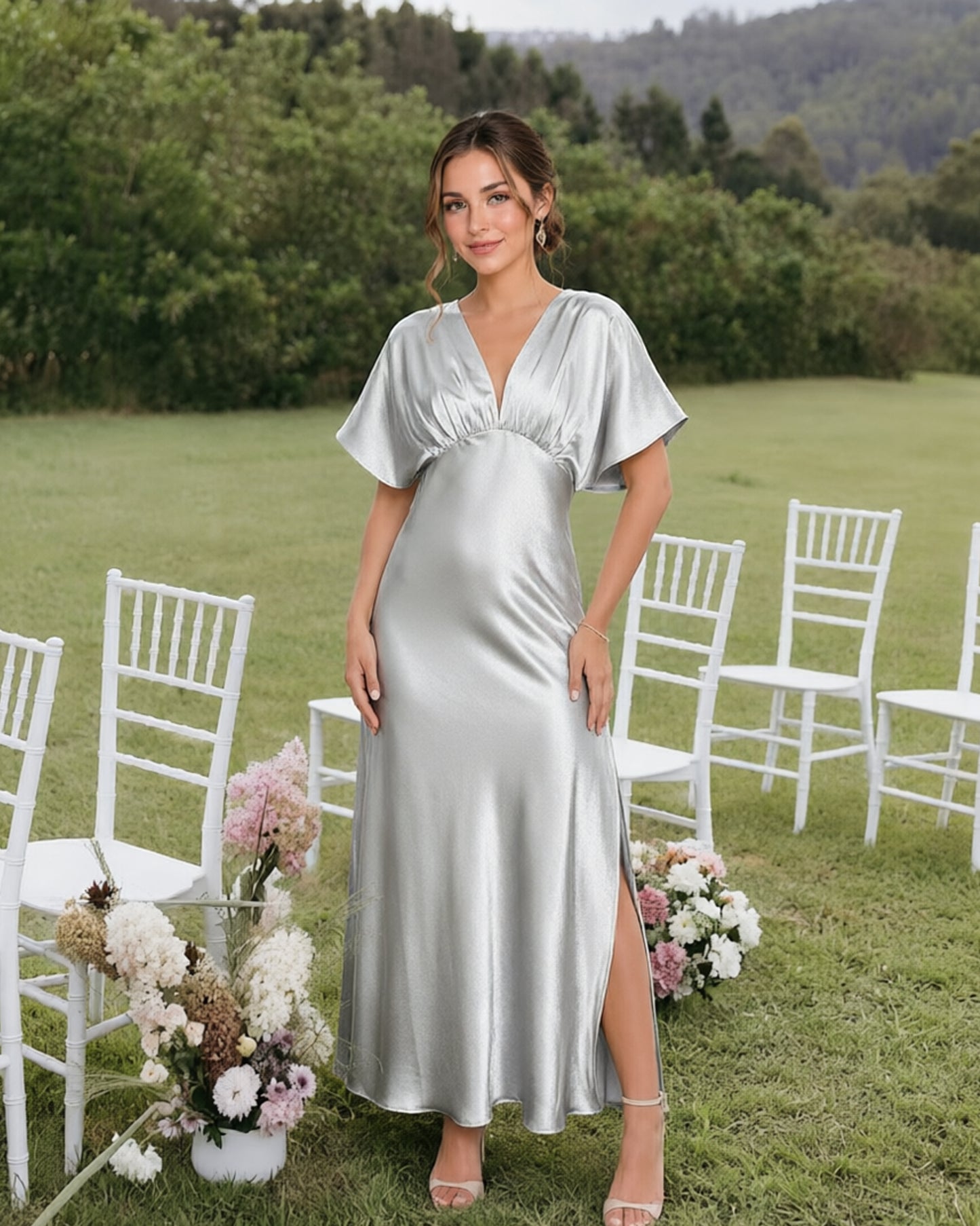 Empire Waist Satin Bridesmaid Dress with Flutter Sleeves and Side Slit