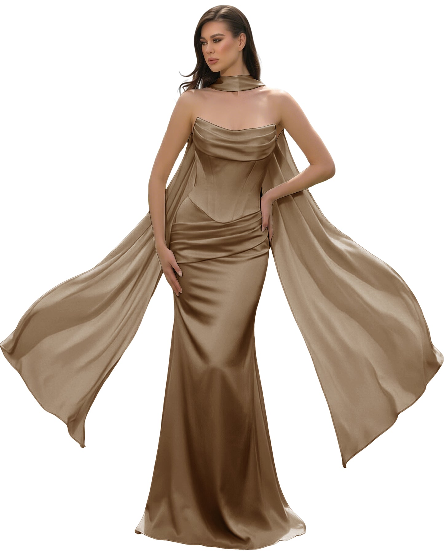 Satin Corset Mermaid Bridesmaid Dress with Cowl Neck and Dramatic Scarf
