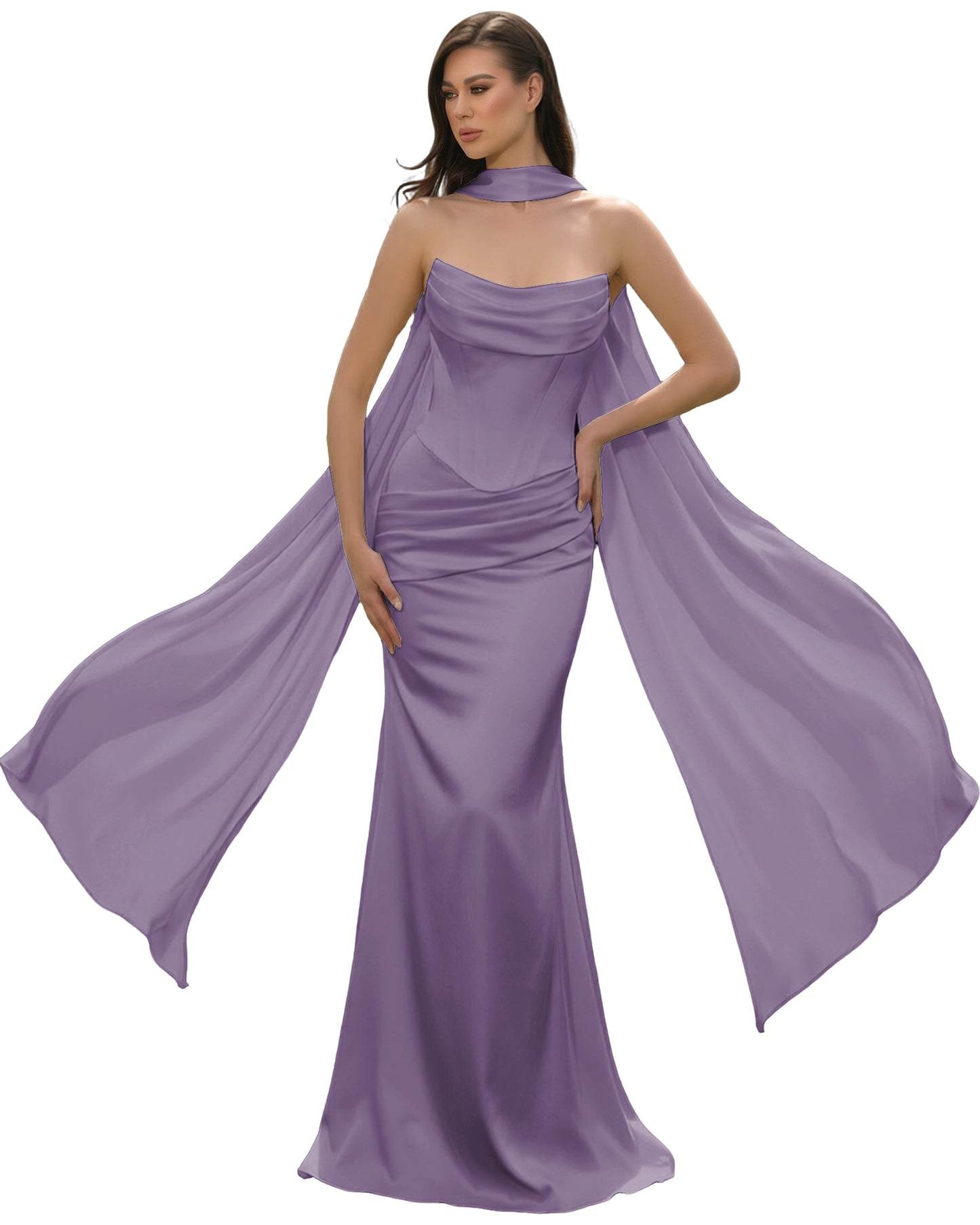 Satin Corset Mermaid Bridesmaid Dress with Cowl Neck and Dramatic Scarf