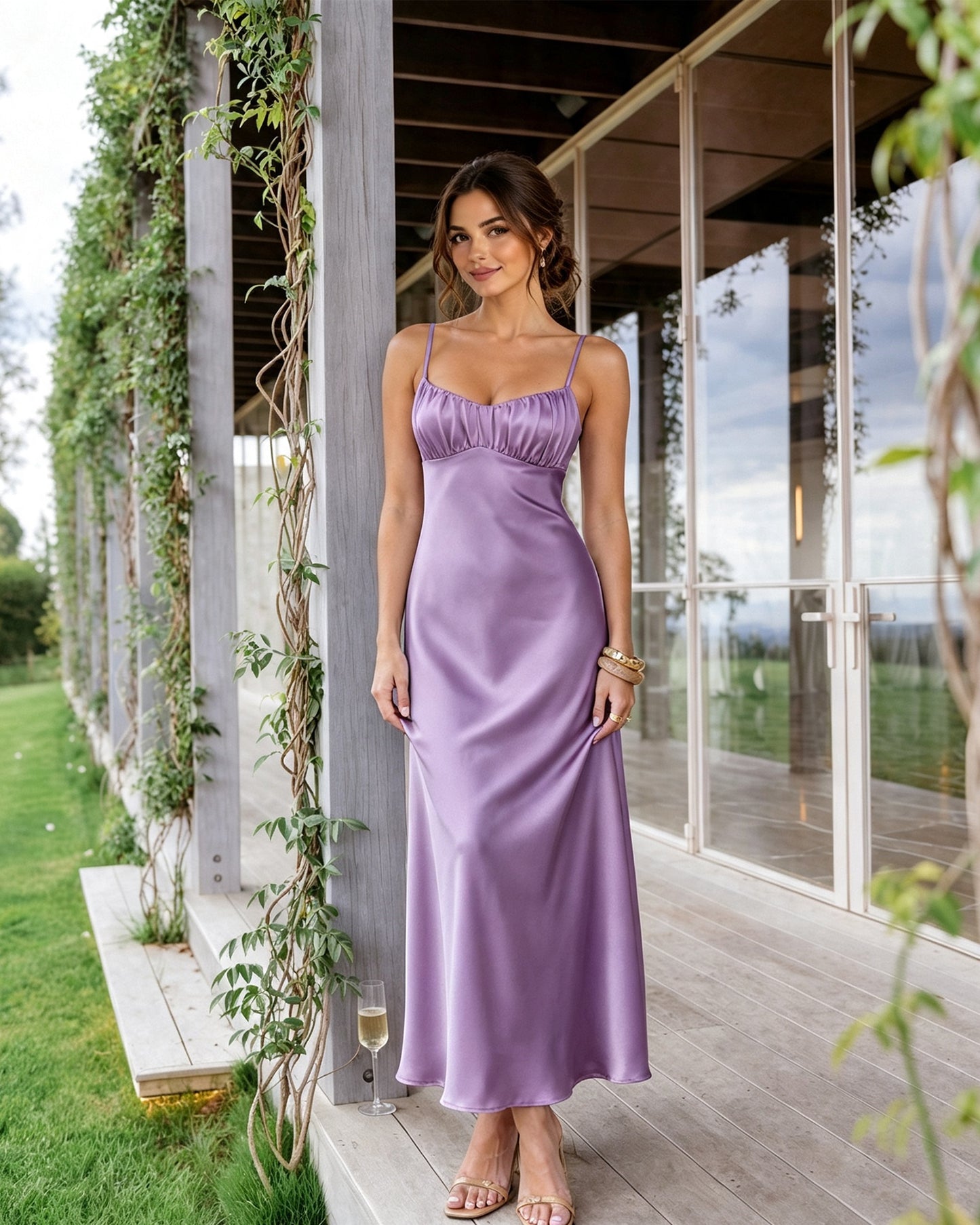 Spaghetti Strap Ruched Bust Satin Bridesmaid Dress with Tie-Back