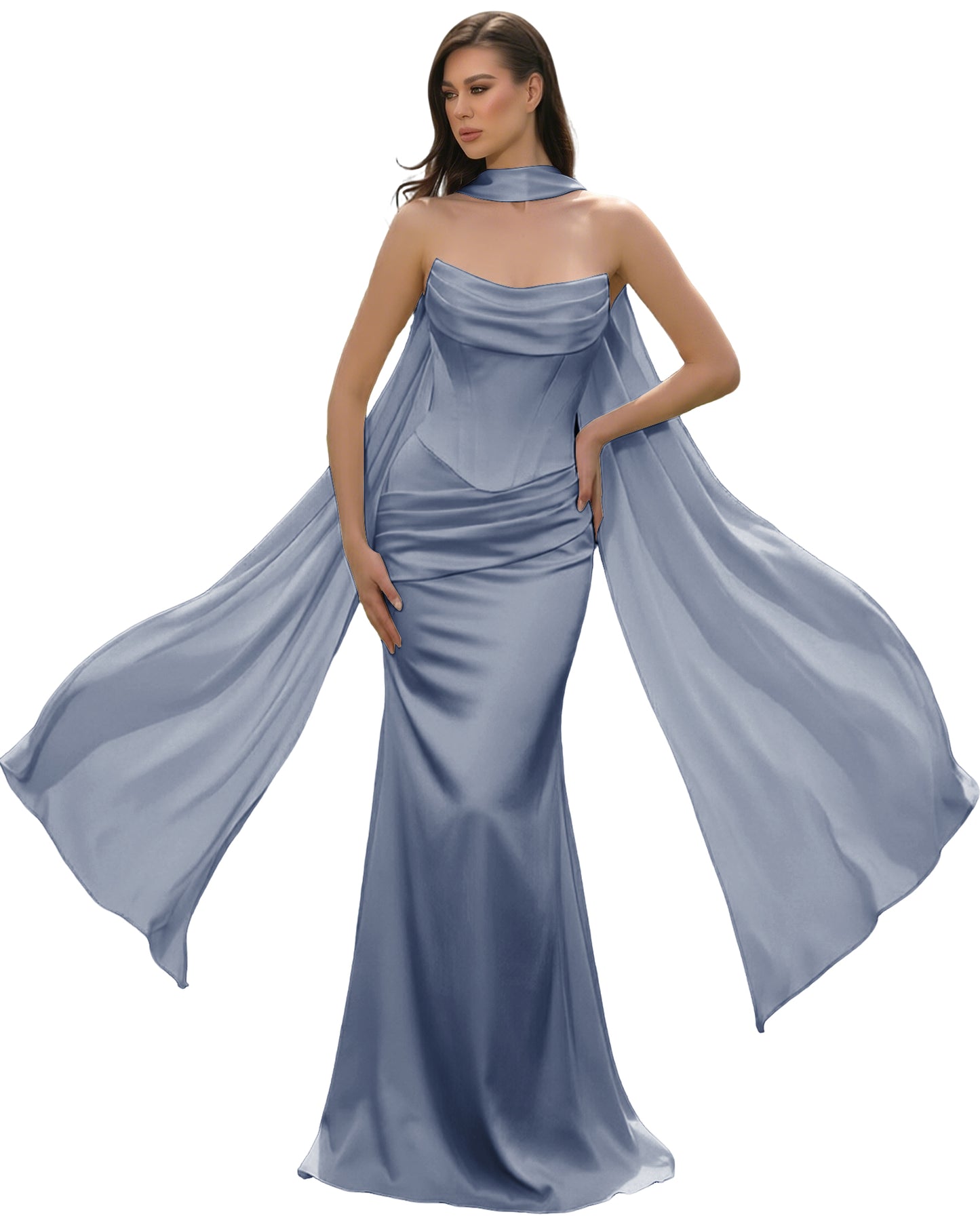 Satin Corset Mermaid Bridesmaid Dress with Cowl Neck and Dramatic Scarf