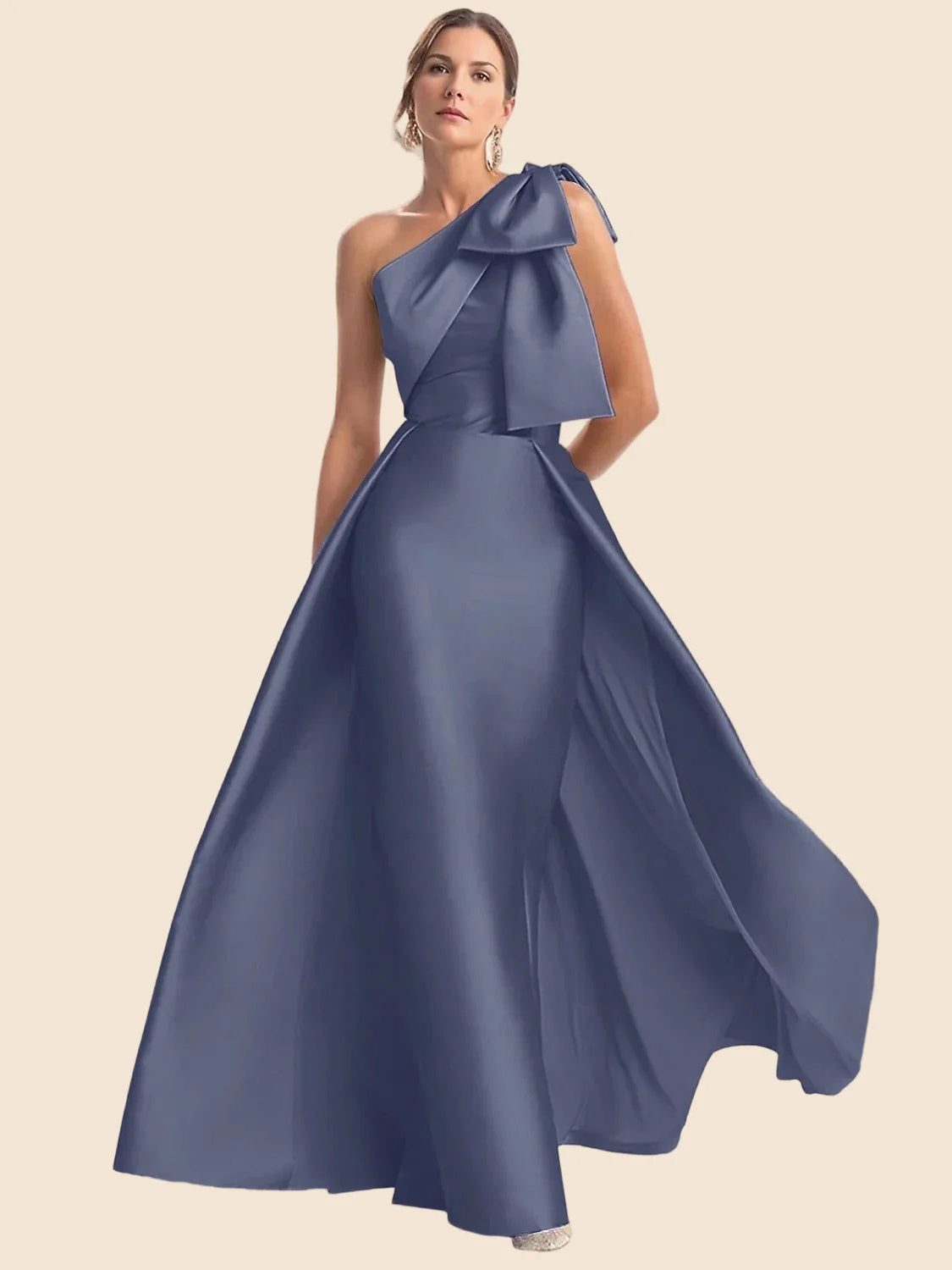 Bow Asymmetrical Neck A-Line Floor-Length Satin Prom Dress for Hotel Gala