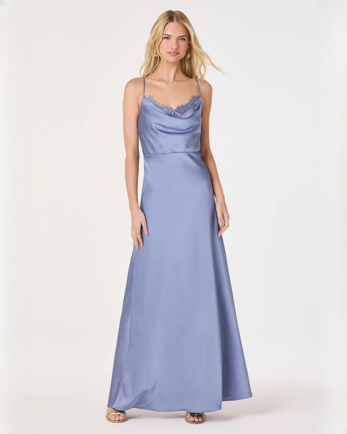 Graceful Special Occasion Cowl Neck Satin A-Line Maxi Bridesmaid Dress