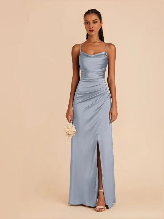 Ruched Side-Slit Slit Cowl Neck A-Line Maxi Stretch Satin Bridesmaid Dress for Church Wedding