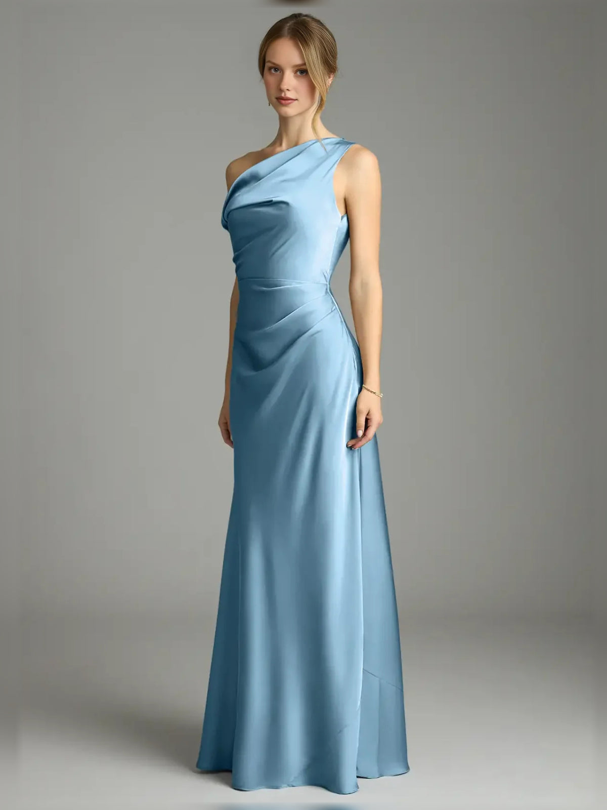 Pleated Off Shoulder Mermaid Floor-Length Stretch Satin Bridesmaid Dress for Wedding Reception