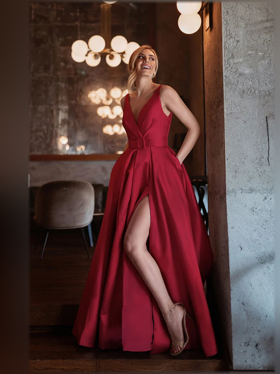 V Neck Slit A-Line Floor-Length Formal Dress