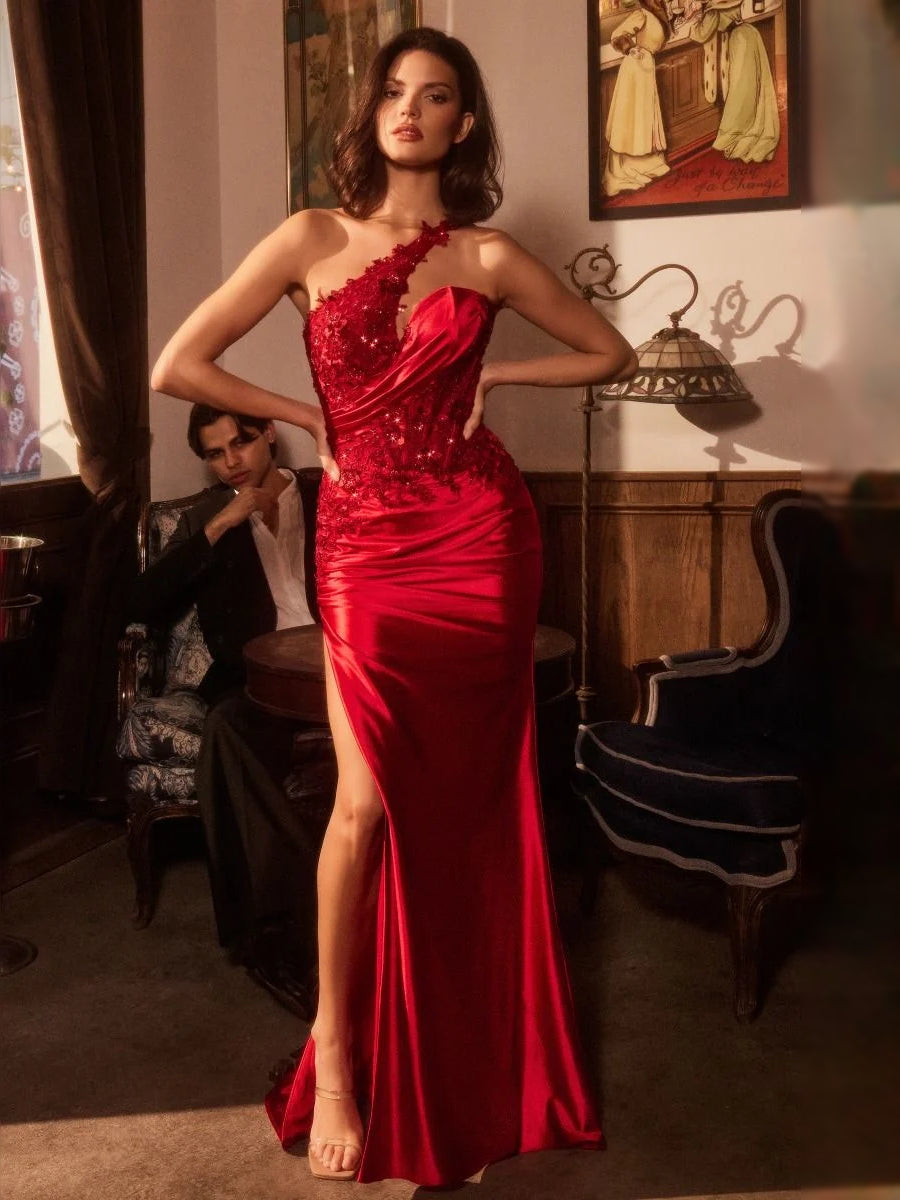 Ruched Flower-Applique Floral Slit One Shoulder Mermaid Floor-Length Satin Prom Dress for Formal Party