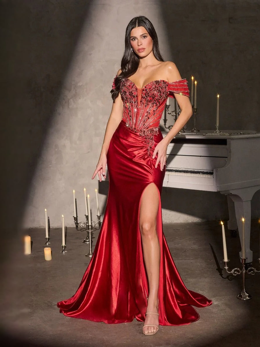 Ruched Beaded Slit Sweetheart Mermaid Floor-Length Satin Prom Dress for Awards Dinner