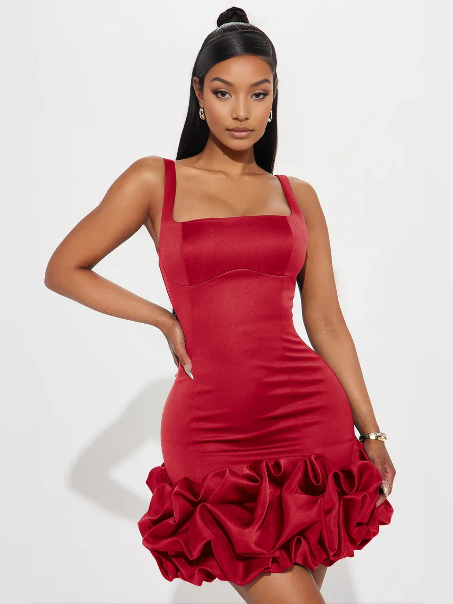 Draped Ruffled Square Neck Bodycon Mini Satin Homecoming Dress for Senior Celebration