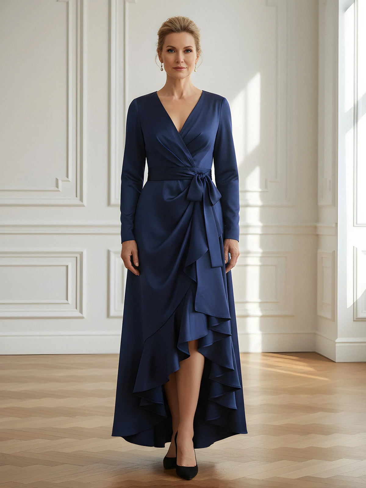 Draped Ruffled V Neck Sheath High-Low Satin Mother of the Bride Dress for Evening Wedding