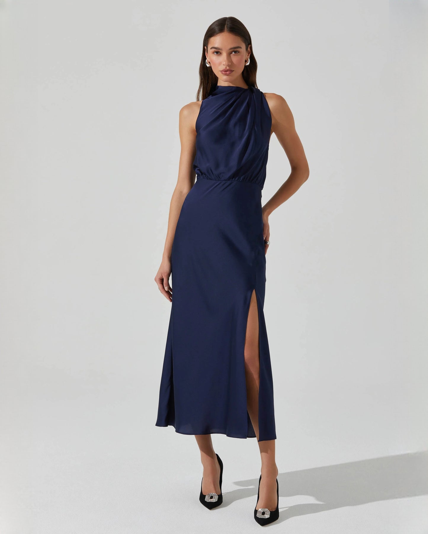Romantic Formal Evening Sleeveless Satin A-Line Midi Bridesmaid Dress