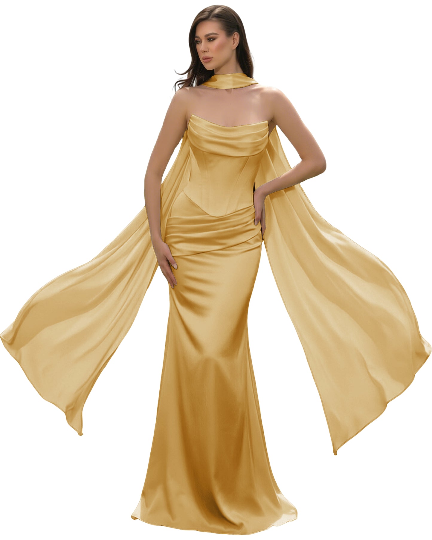 Satin Corset Mermaid Bridesmaid Dress with Cowl Neck and Dramatic Scarf