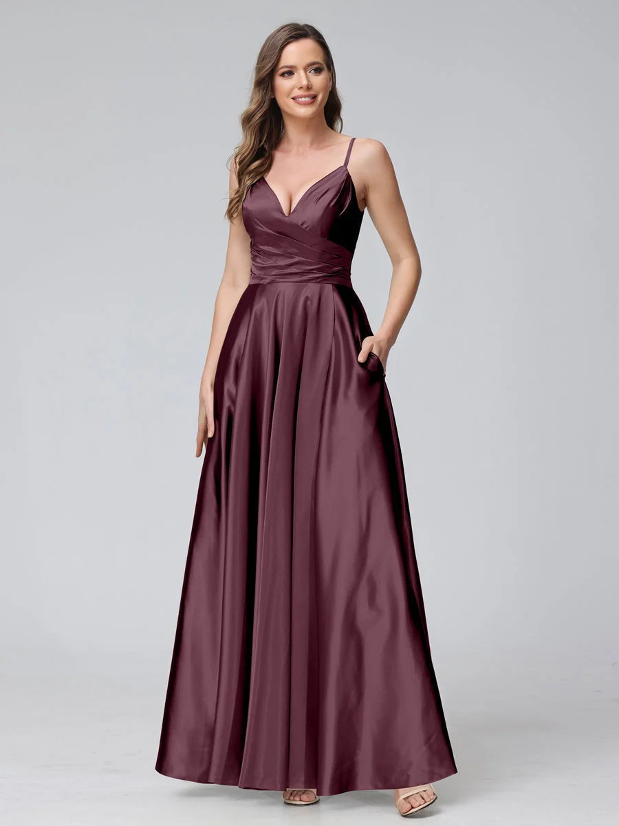 V Neck A-Line Ankle-Length Satin Prom Dress for Black Tie Event