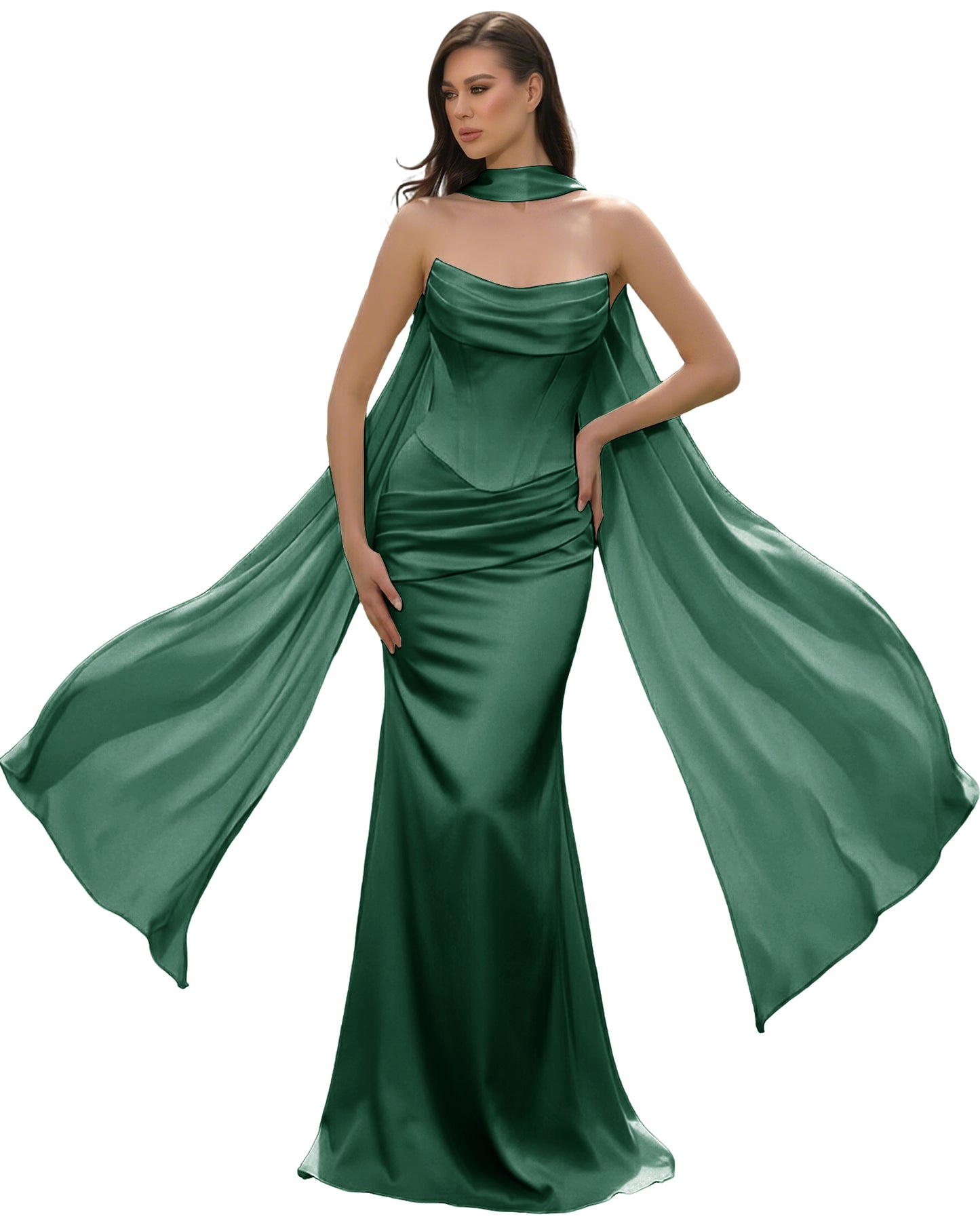 Satin Corset Mermaid Bridesmaid Dress with Cowl Neck and Dramatic Scarf