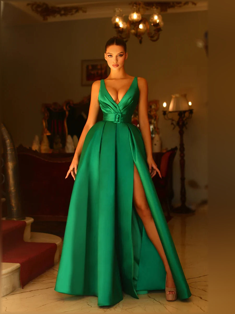 V Neck Slit A-Line Floor-Length Formal Dress