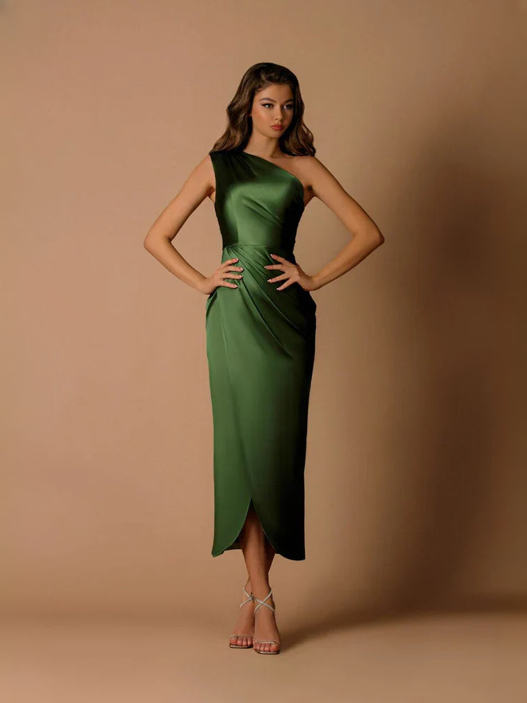 Ruched One Shoulder Sheath Midi Satin Bridesmaid Dress for Church Wedding