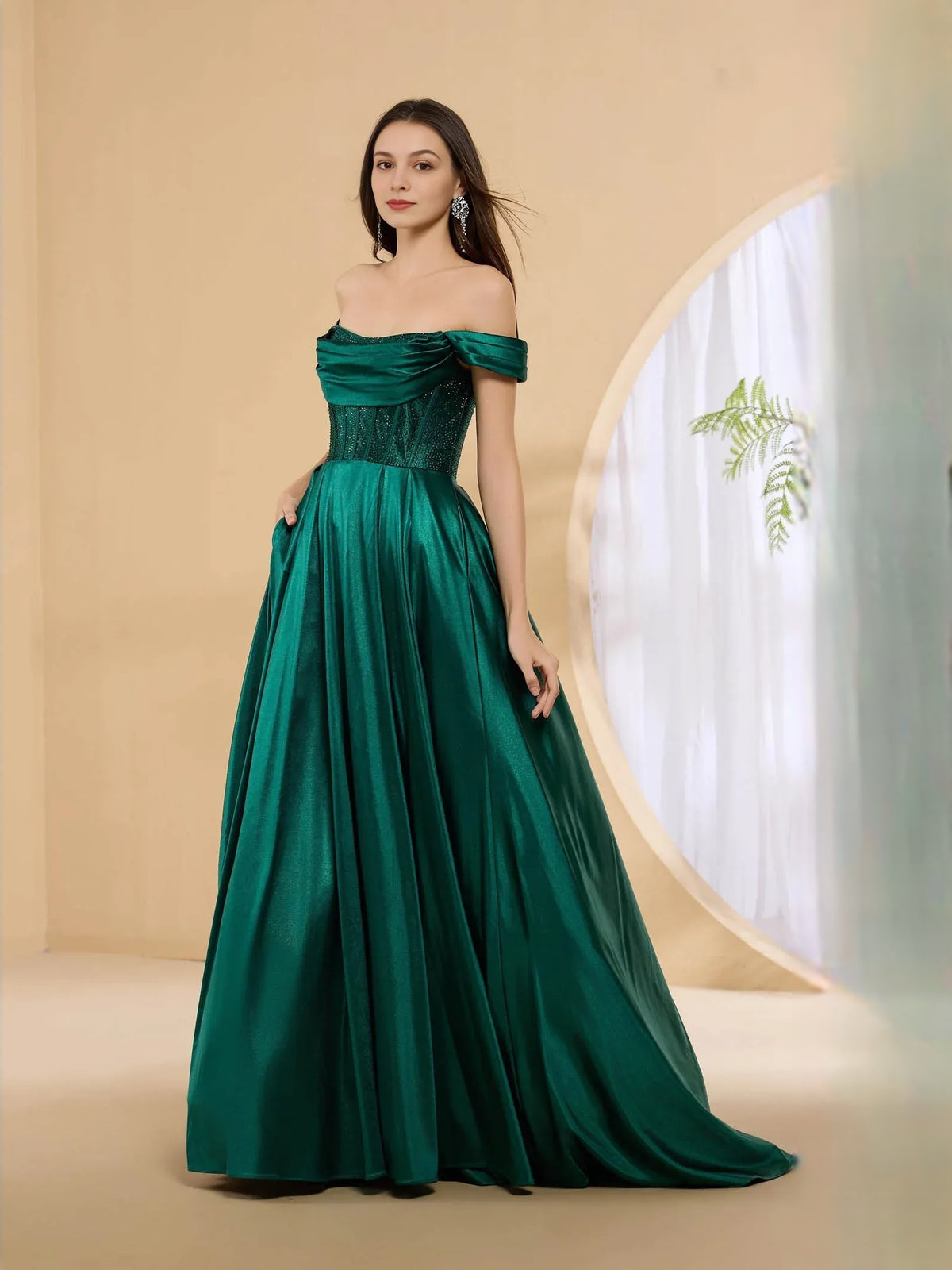 Off-The-Shoulder Corset Beading Floor-Length Glamorous Formal Dress