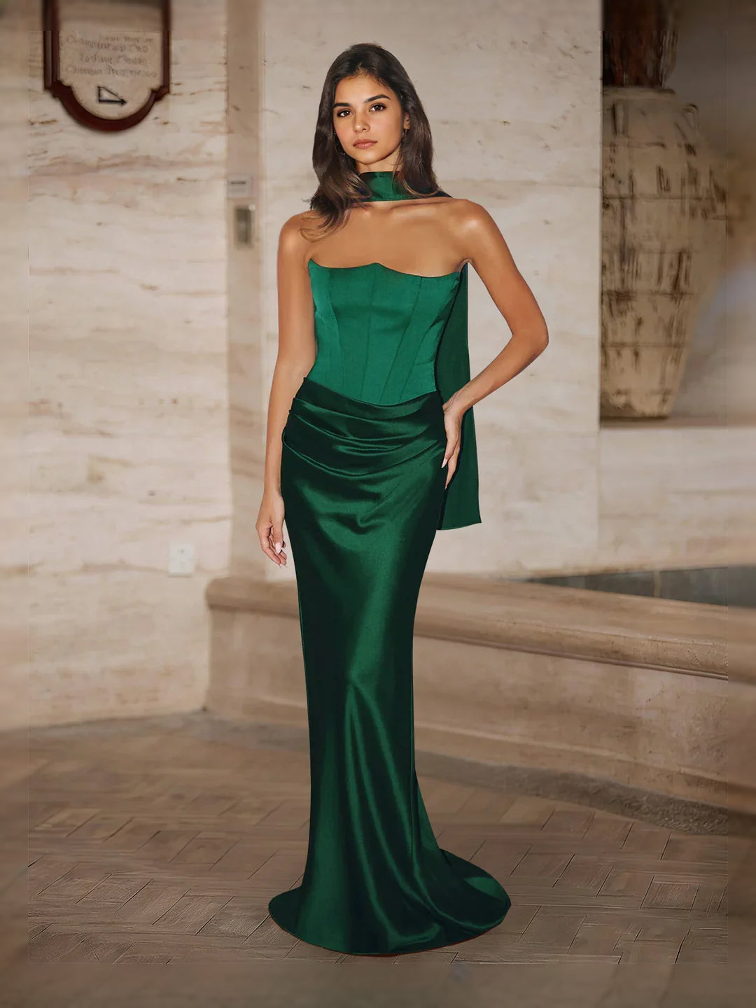 Corset Strapless A-Line Floor-Length Satin Prom Dress for Formal Party