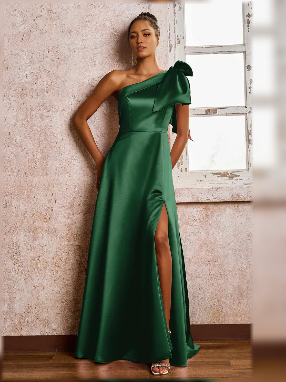 One-Shoulder Slit A-Line Floor-Length Romantic Formal Dress