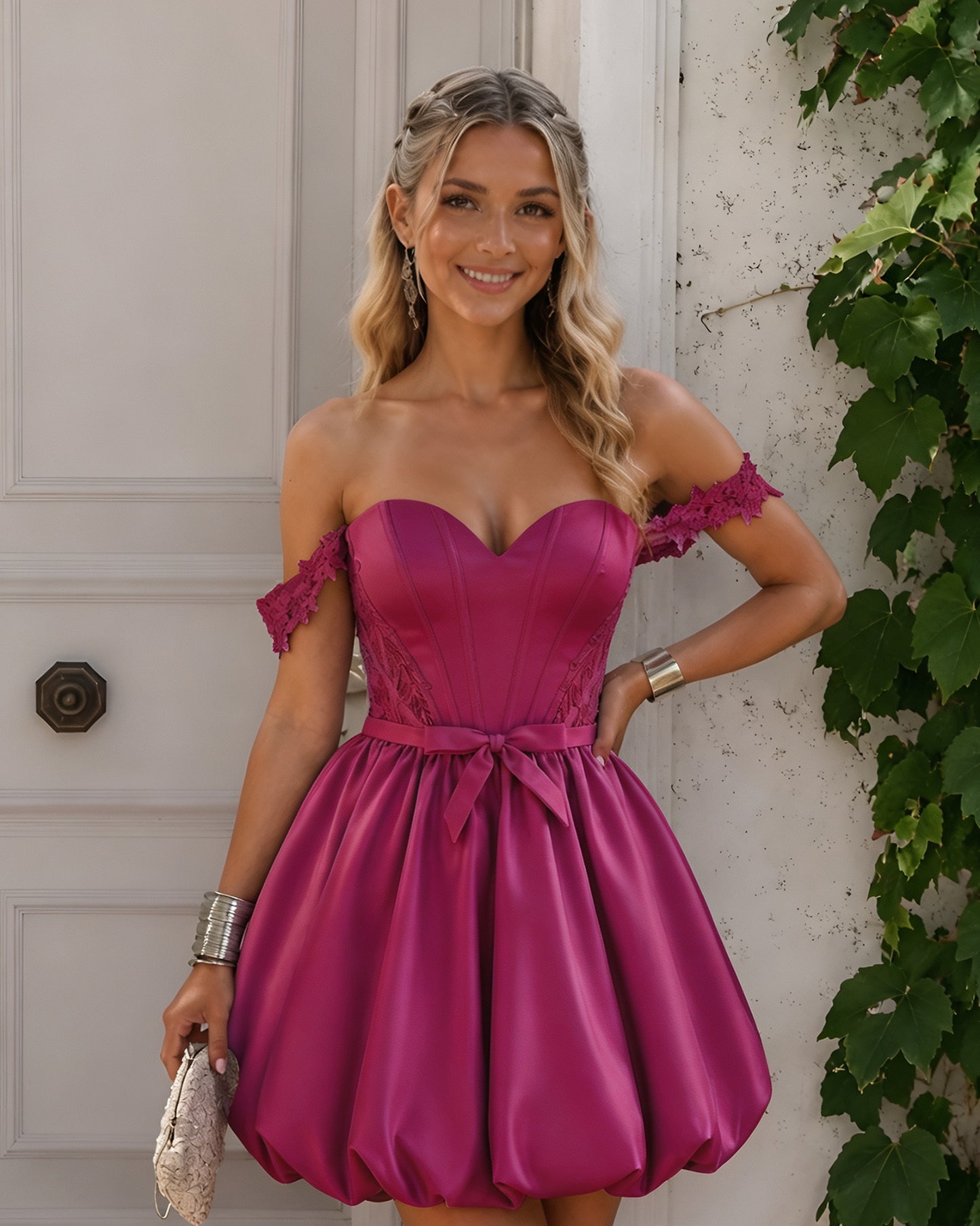 Off-Shoulder Floral Satin Bubble Hem Homecoming Dress