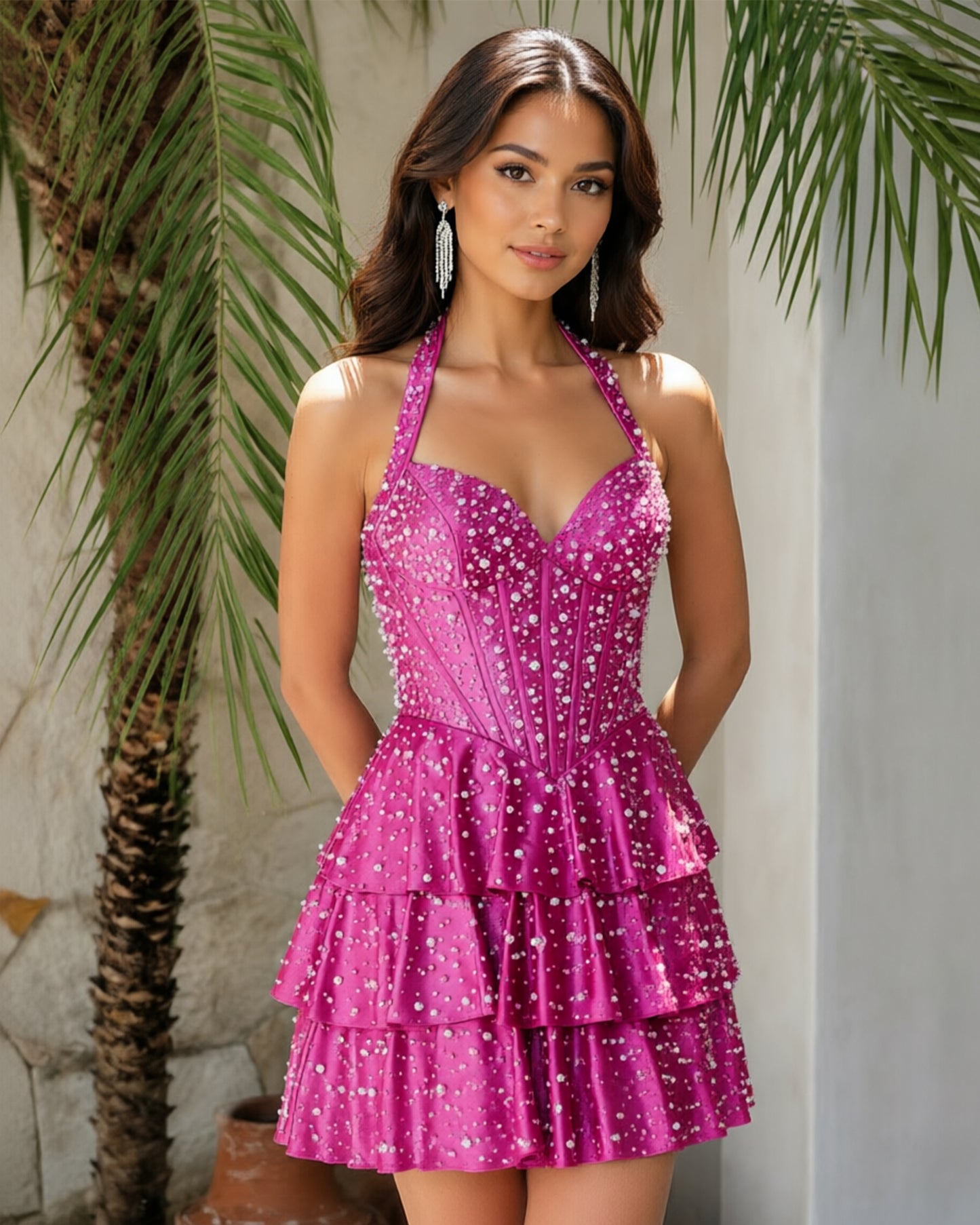 Halter Beaded Corset Tiered Homecoming Dress