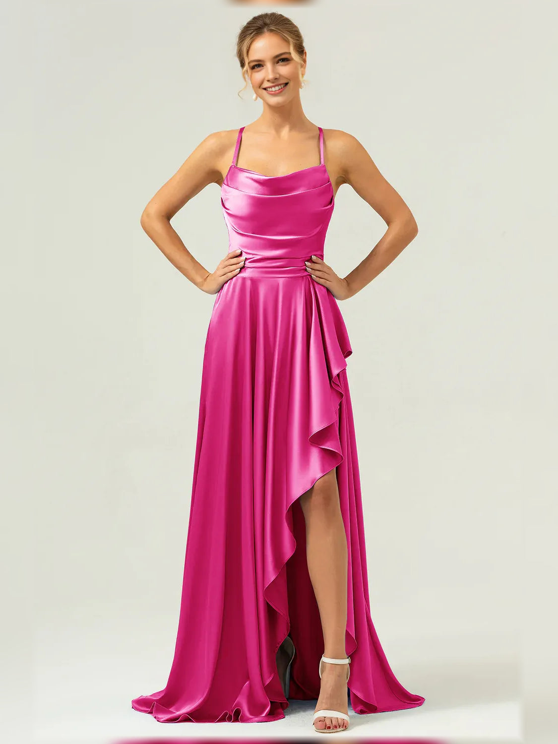 Cowl Neck Ruffles Slit Floor-Length Graceful Formal Dress
