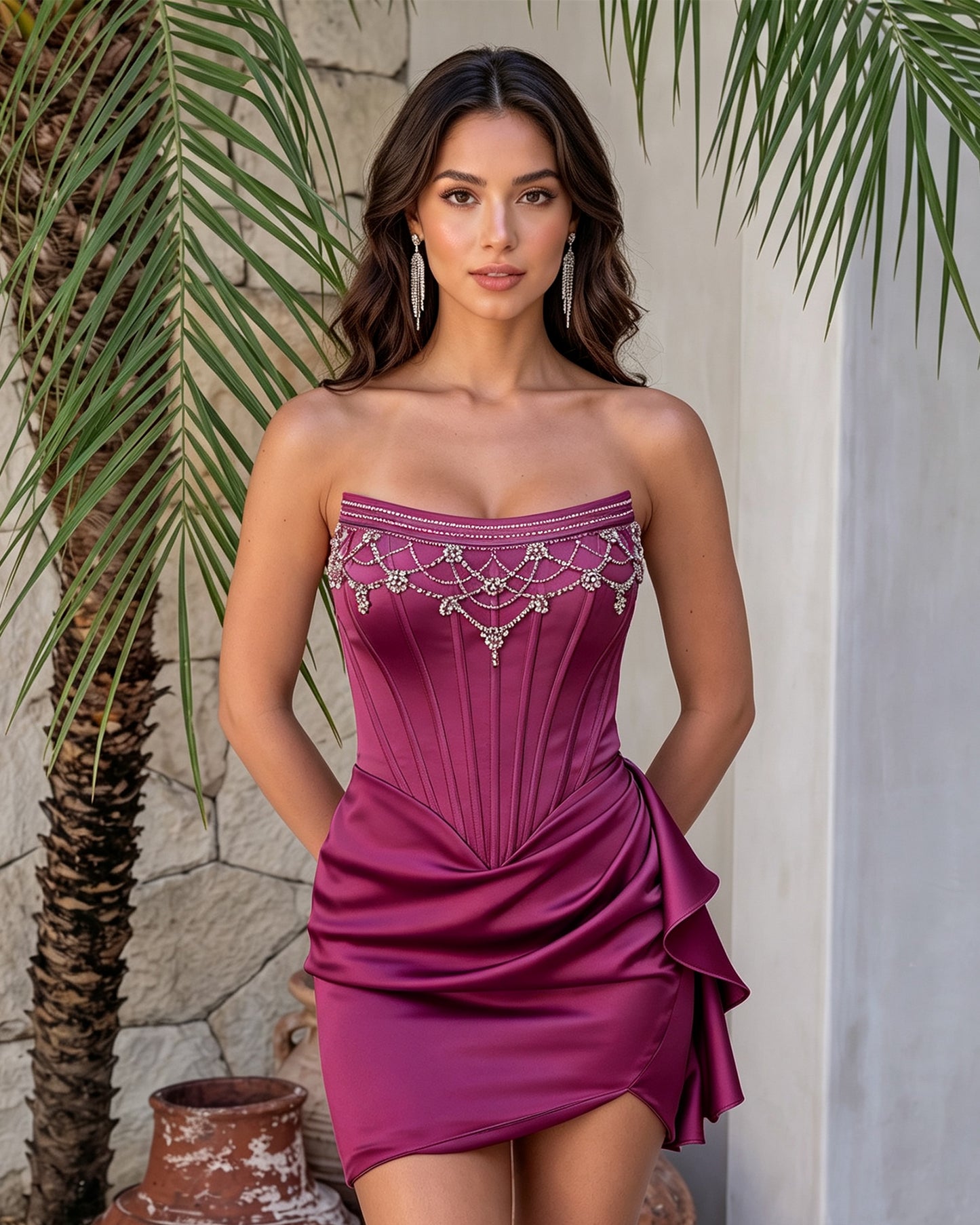 Strapless Beaded Satin Ruched Side Ruffle Mini Homecoming Dress
