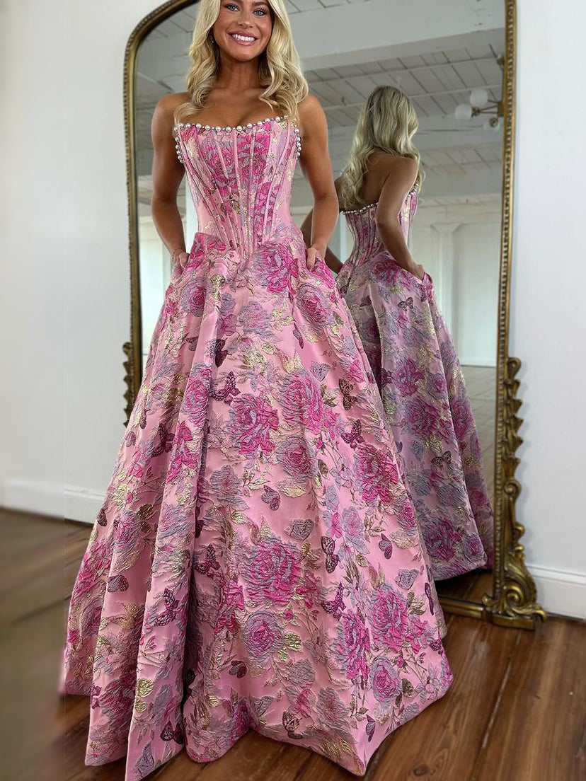 Corset Floral Sweetheart A-Line Maxi Satin Prom Dress for Evening Banquet