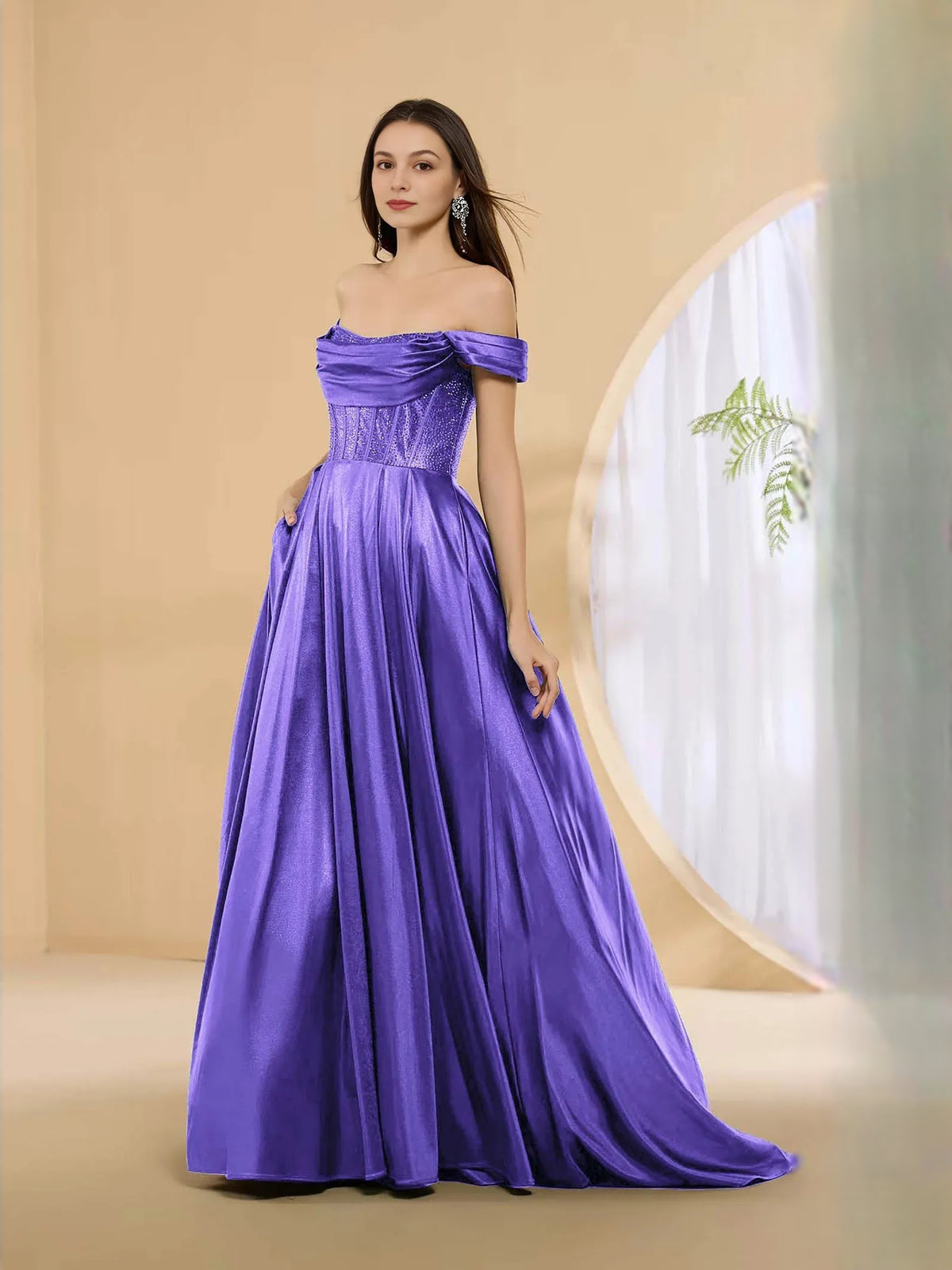 Off-The-Shoulder Corset Beading Floor-Length Glamorous Formal Dress
