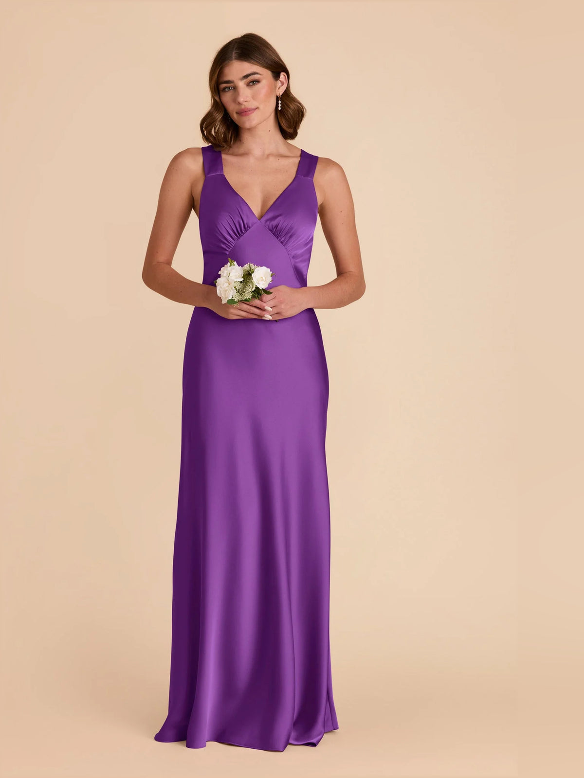 Ruched V Neck A-Line Maxi Satin Bridesmaid Dress for Church Wedding