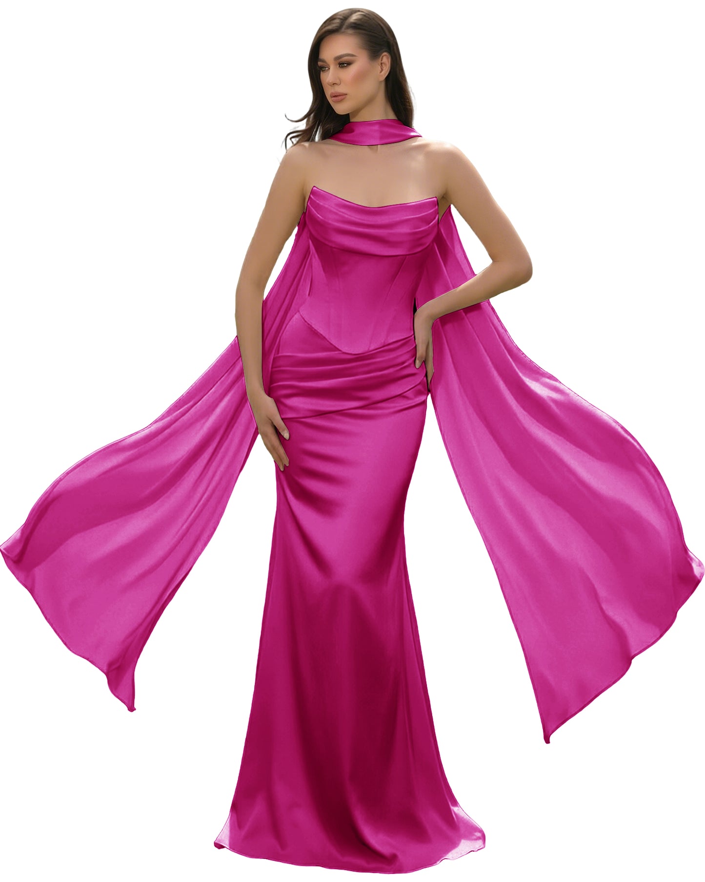 Satin Corset Mermaid Bridesmaid Dress with Cowl Neck and Dramatic Scarf