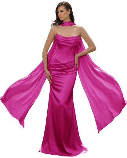 Fuchsia Satin Corset Mermaid Bridesmaid Dress with Cowl Neck and Dramatic Scarf color option