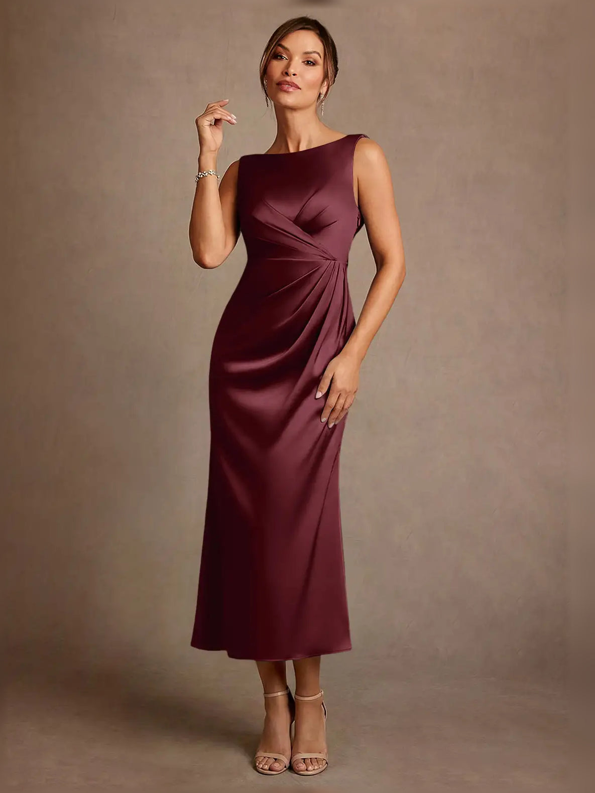 Ruched Draped Boat Neck Sheath Midi Satin Mother of the Bride Dress for Ballroom Reception