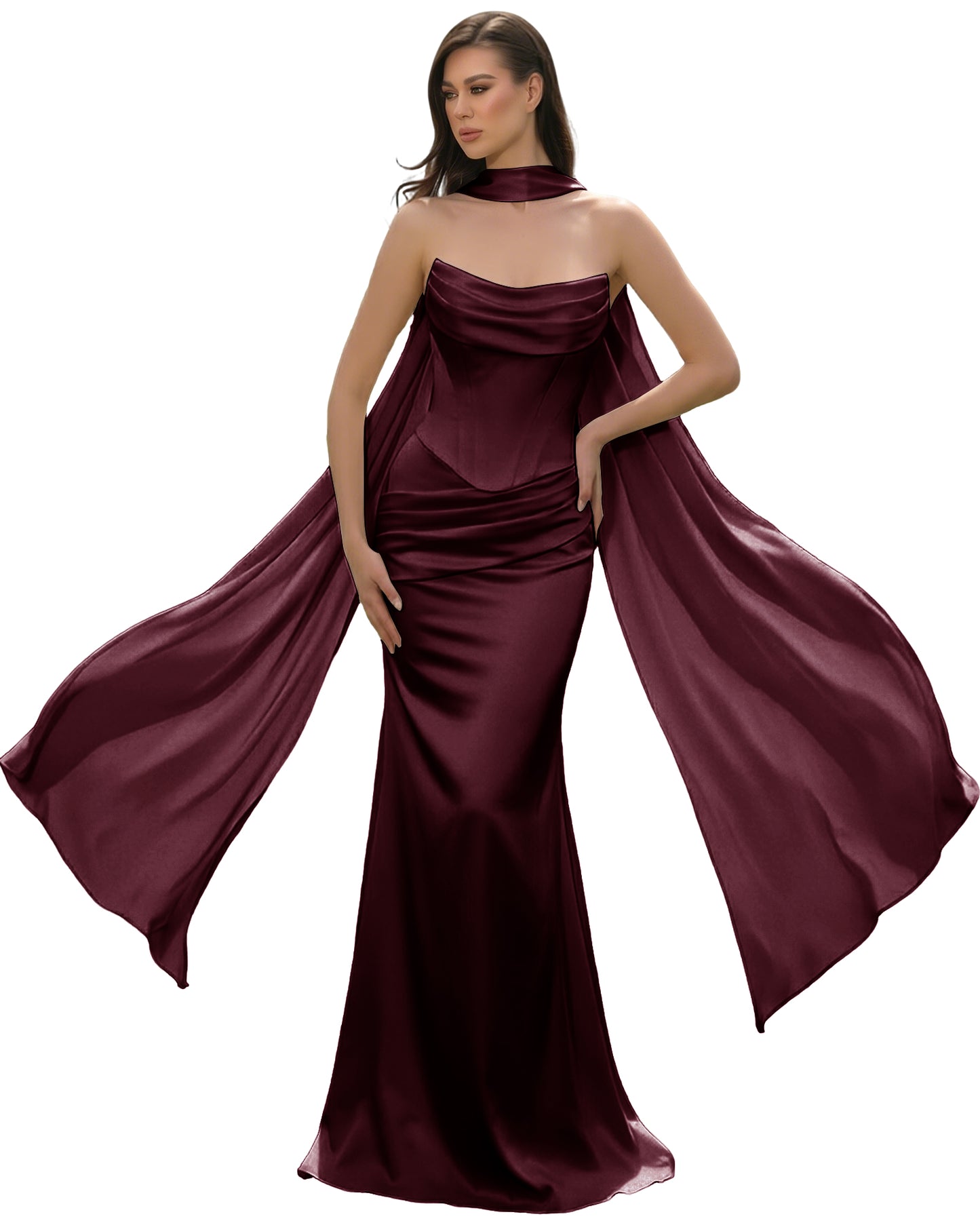 Satin Corset Mermaid Bridesmaid Dress with Cowl Neck and Dramatic Scarf