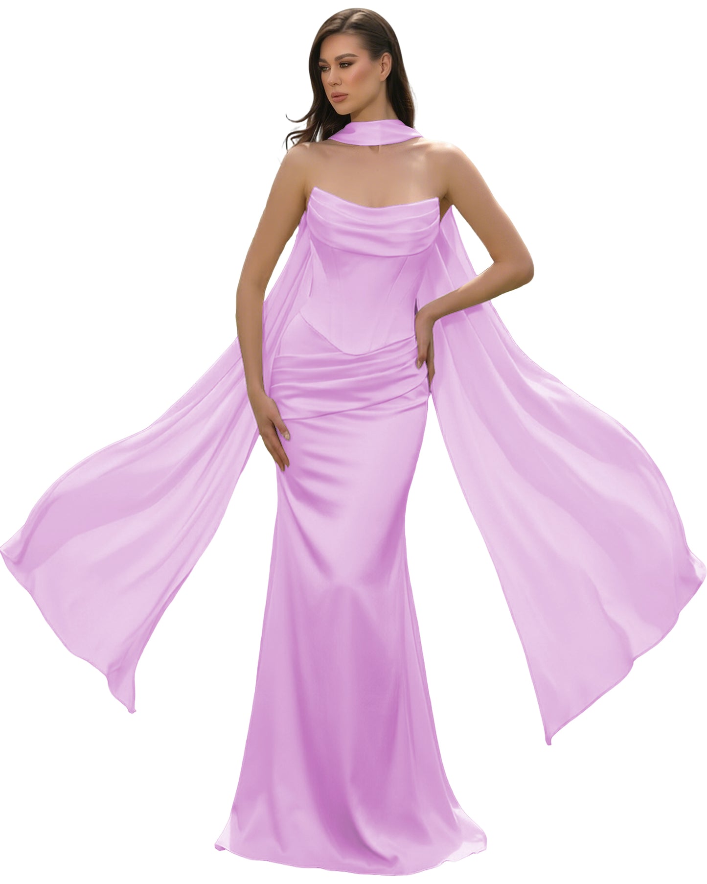 Satin Corset Mermaid Bridesmaid Dress with Cowl Neck and Dramatic Scarf