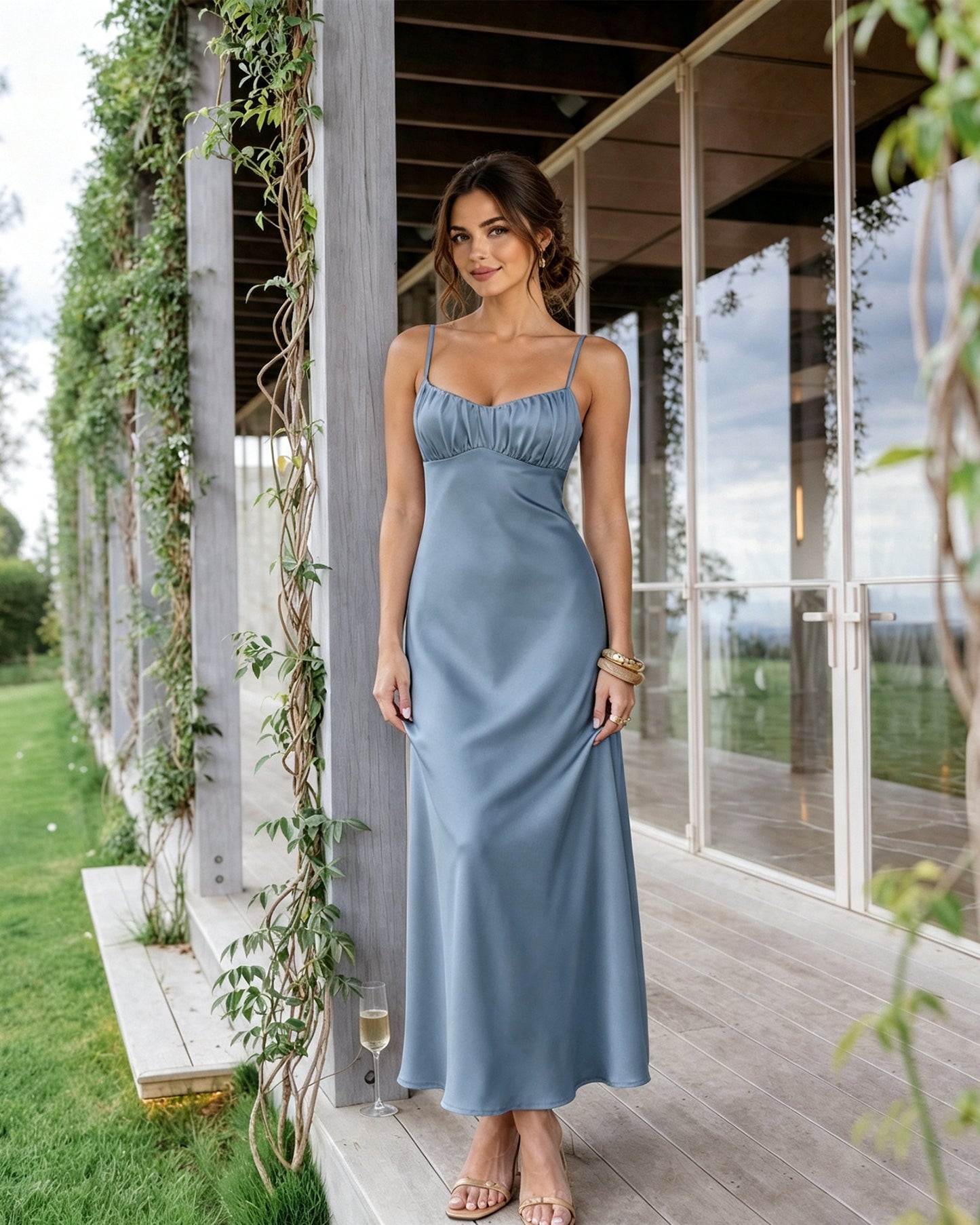 Spaghetti Strap Ruched Bust Satin Bridesmaid Dress with Tie-Back