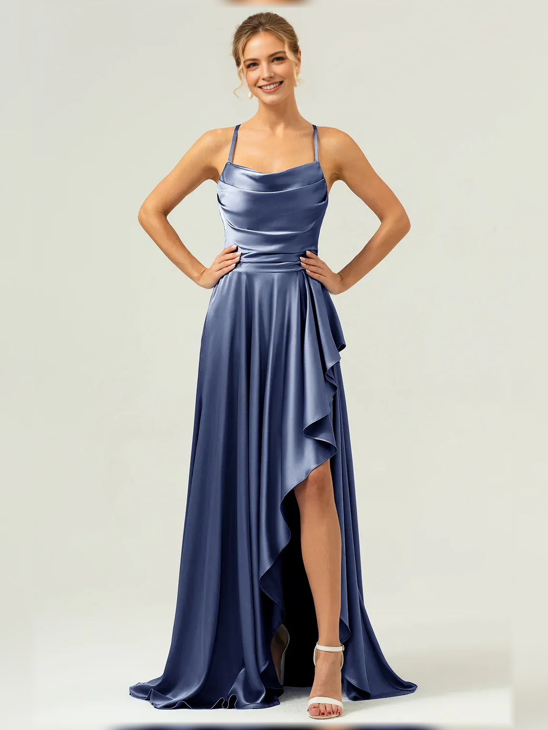 Cowl Neck Ruffles Slit Floor-Length Graceful Formal Dress