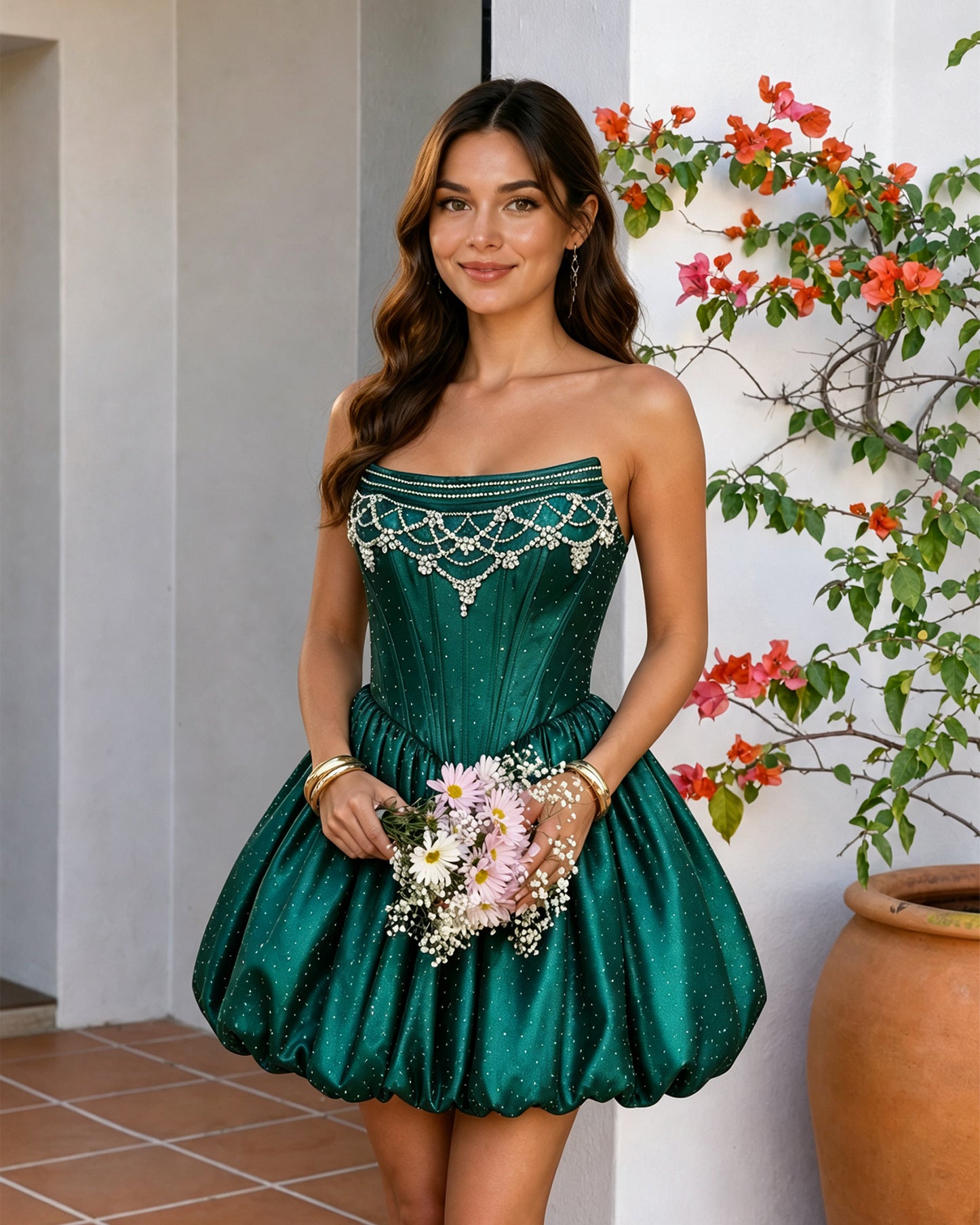 Strapless Beaded Corset Bubble Hem Homecoming Dress