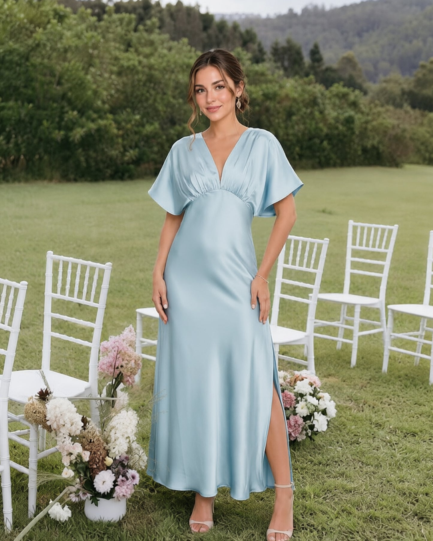 Empire Waist Satin Bridesmaid Dress with Flutter Sleeves and Side Slit
