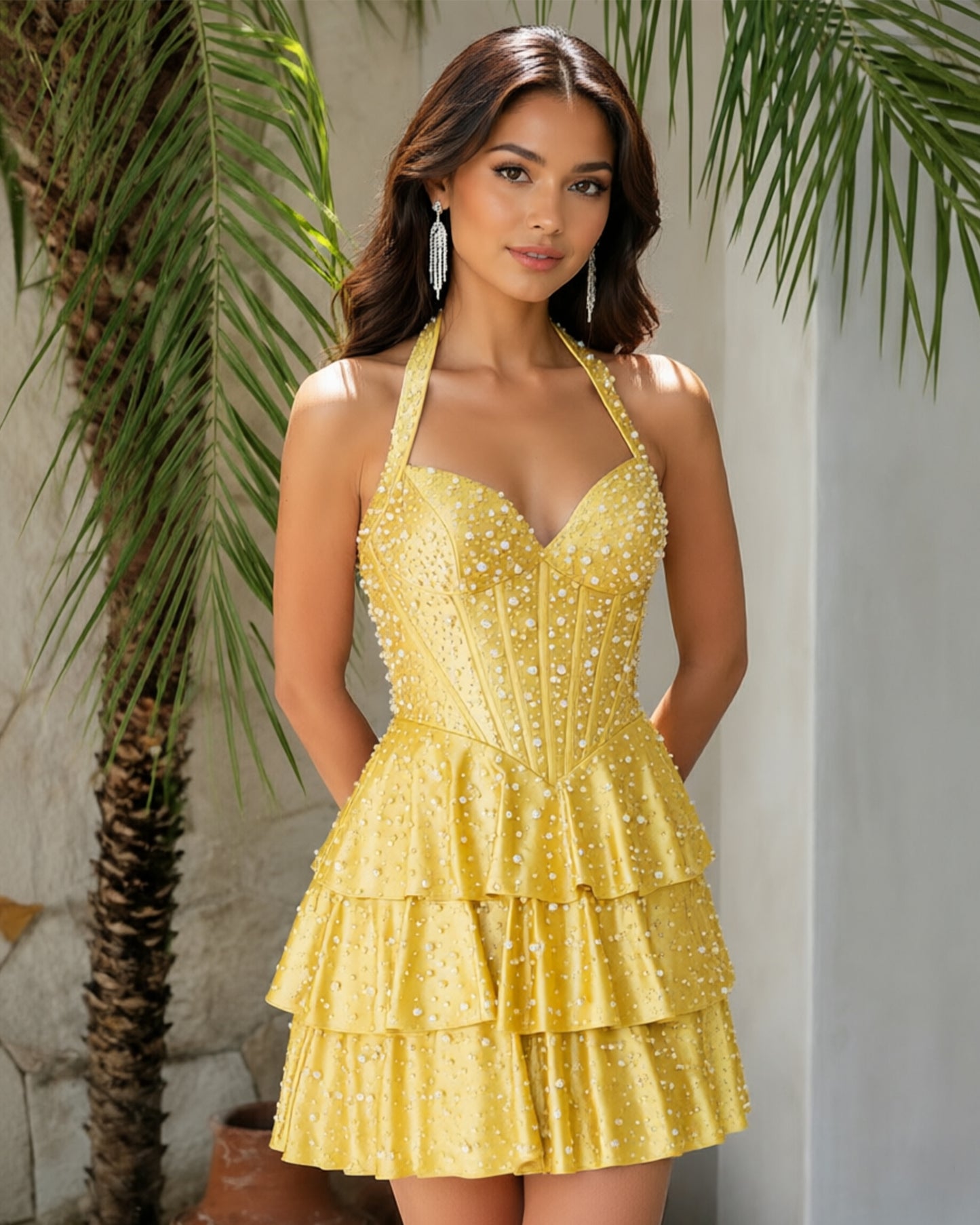 Halter Beaded Corset Tiered Homecoming Dress