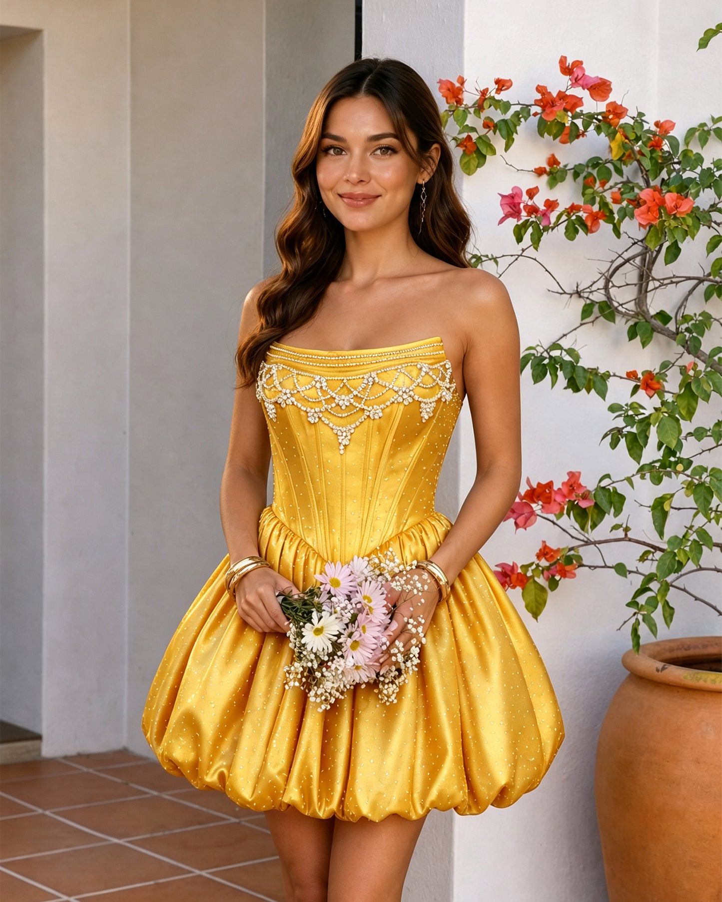 Strapless Beaded Corset Bubble Hem Homecoming Dress
