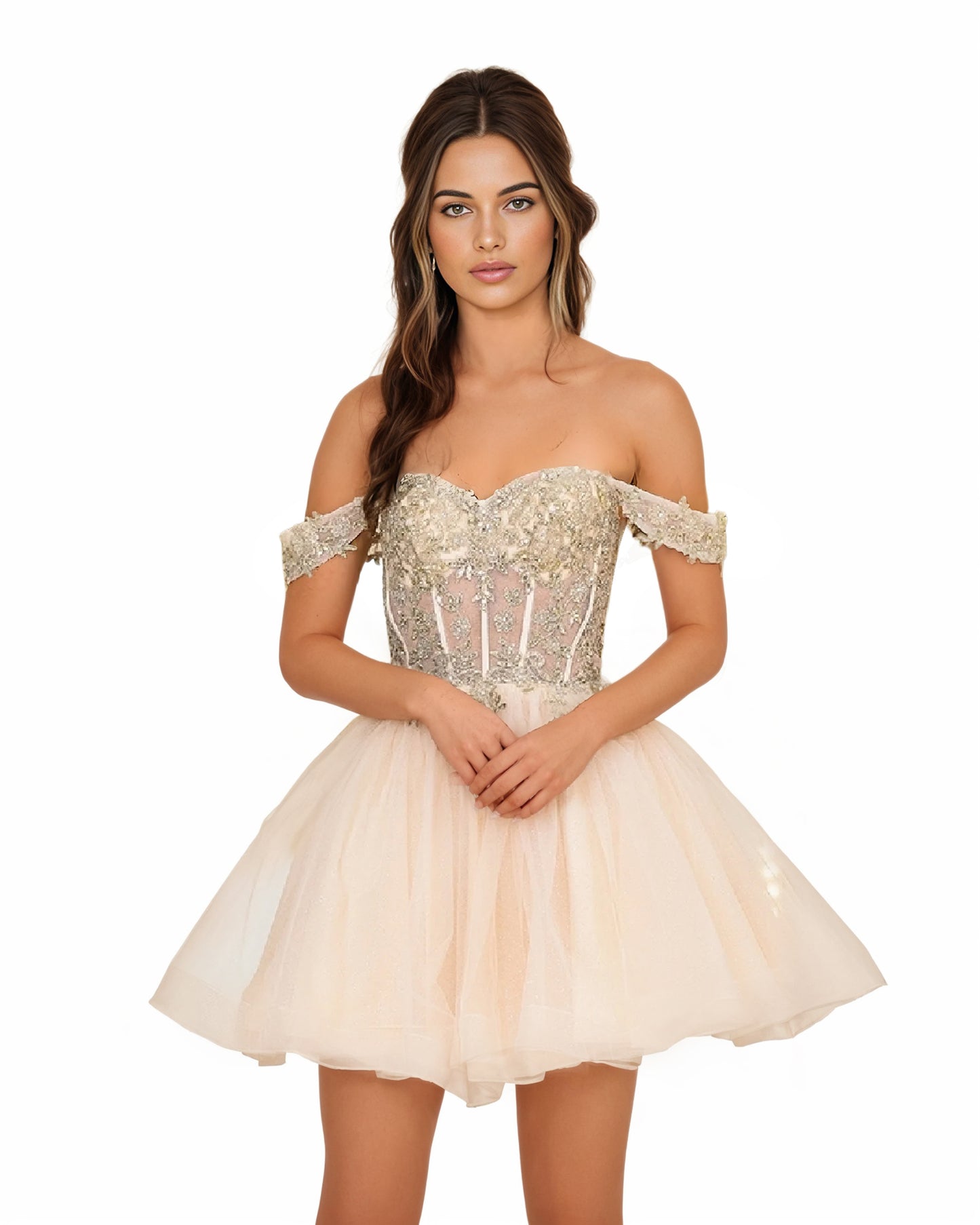 Off The Shoulder Sequin Corset Tulle Mini Homecoming Dress