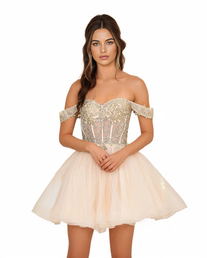 Off The Shoulder Sequin Corset Tulle Mini Homecoming Dress
