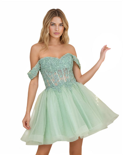 Off The Shoulder Sequin Corset Tulle Mini Homecoming Dress