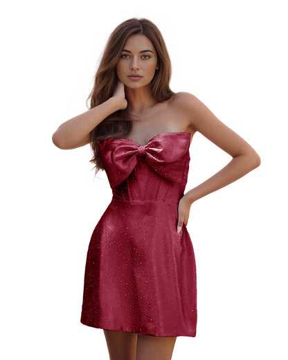 Strapless Satin Oversized Bow Corset Mini Homecoming Dress