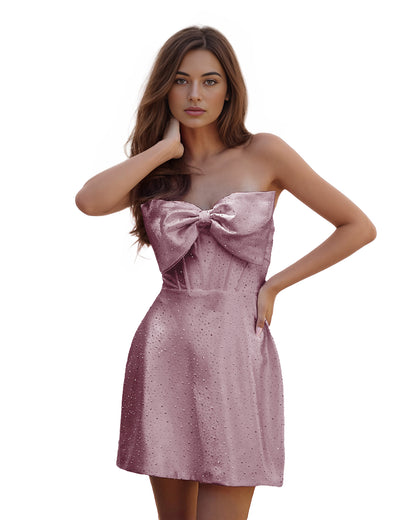 Strapless Satin Oversized Bow Corset Mini Homecoming Dress