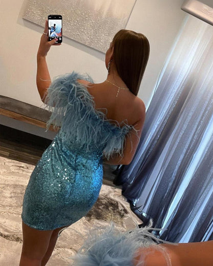 feather accent short cocktail gown