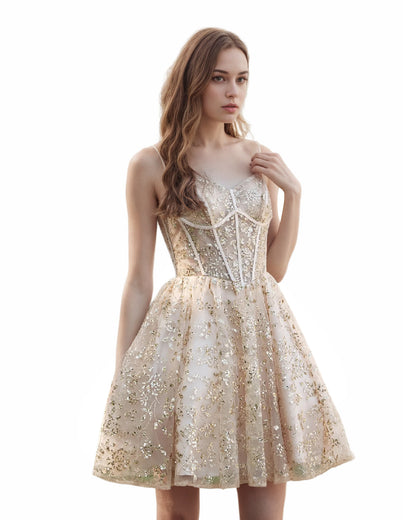 Glitter Embroidered Bodice Flared A-Line Mesh Short Homecoming Dress