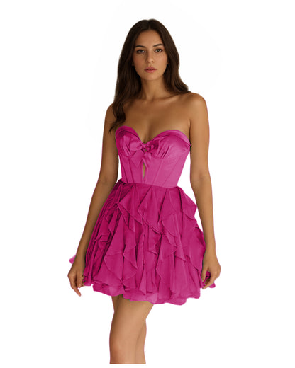 Strapless Bow Sweetheart Corset Tiered Ruffle Mini Homecoming Dress
